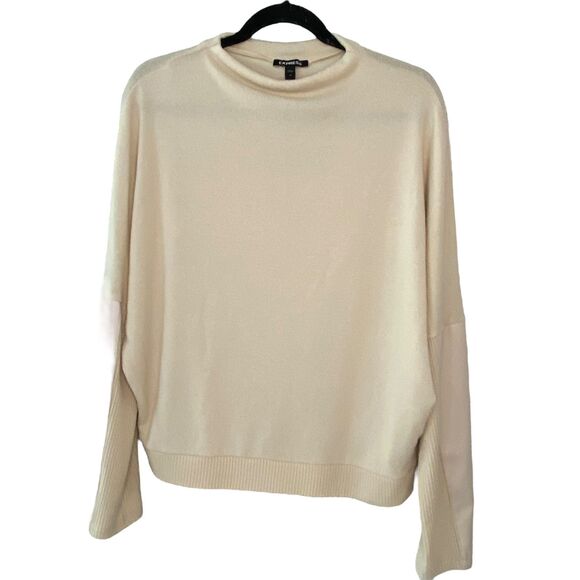 Express Women Cozy Mock Neck Faux Leather Long Sleeves Cream Sweater Medium - Picture 2 of 11